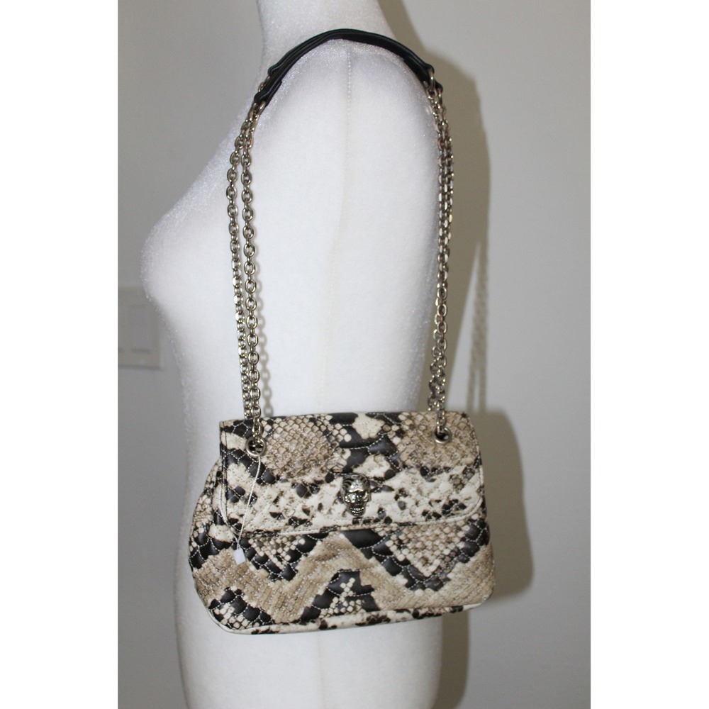 Betsey Johnson‎ Snakeskin Quilted Skull Shoulder Bag Silver Chain Faux Leather